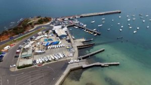 Aerial view of the boat ramp at Schnapper Point, Mornington Harbour, Mornington, Victoria.