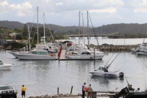 View of the Bermagui boat ramp area with bridge in background.