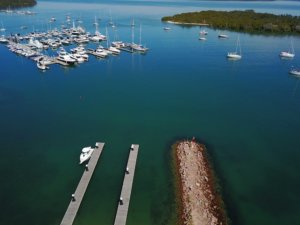 Aerial view of Soldiers Point Marina and boat ramp, Port Stephens, NSW