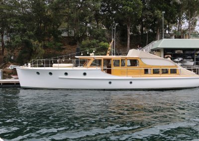 Classic Halvorsen crusier on the Hawkesbury River, Cottage Point, NSW
